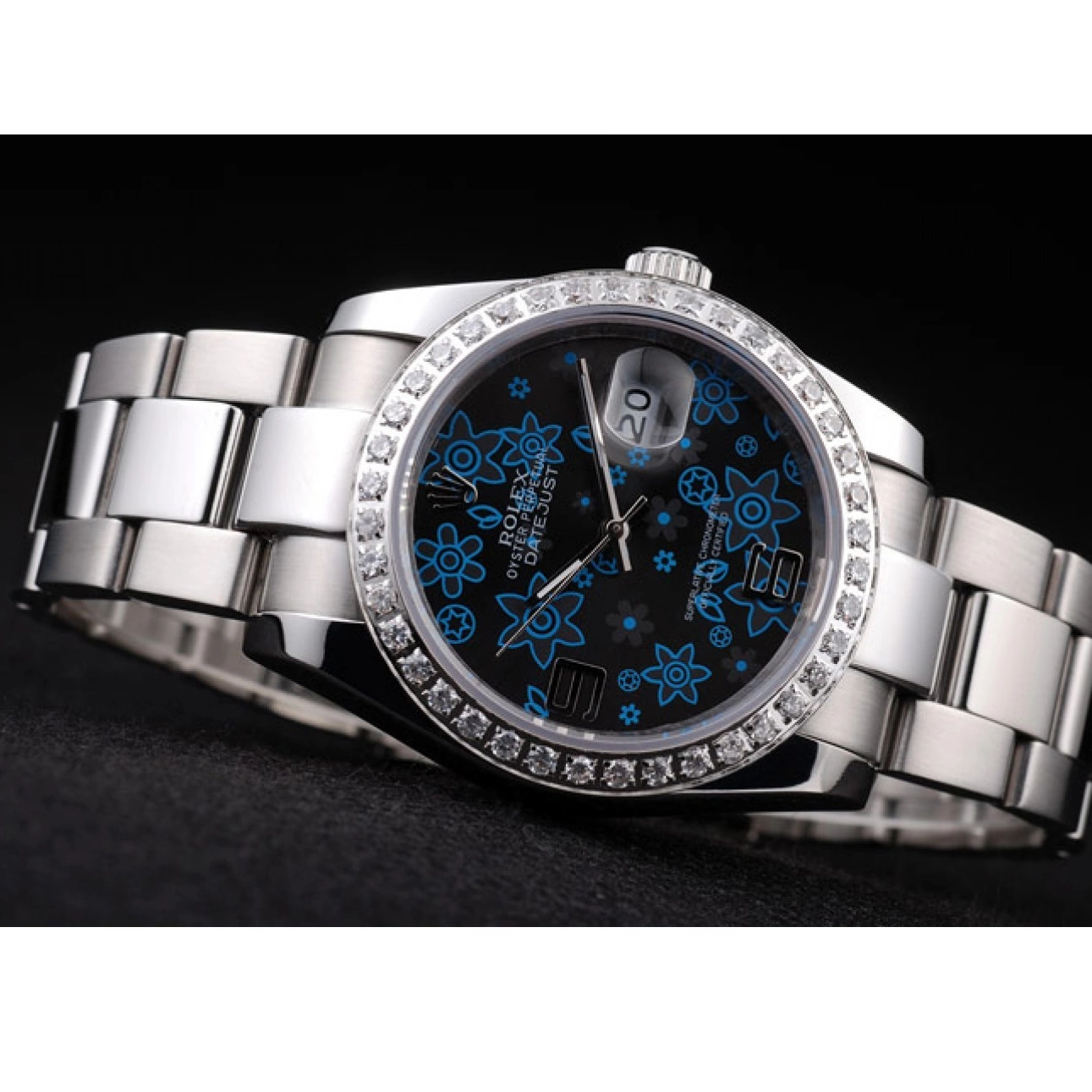 Rolex copies cheap Polished Dark Dial Flowers Blue Plated Stainless Steel Rolex Datejust Diamond 0721